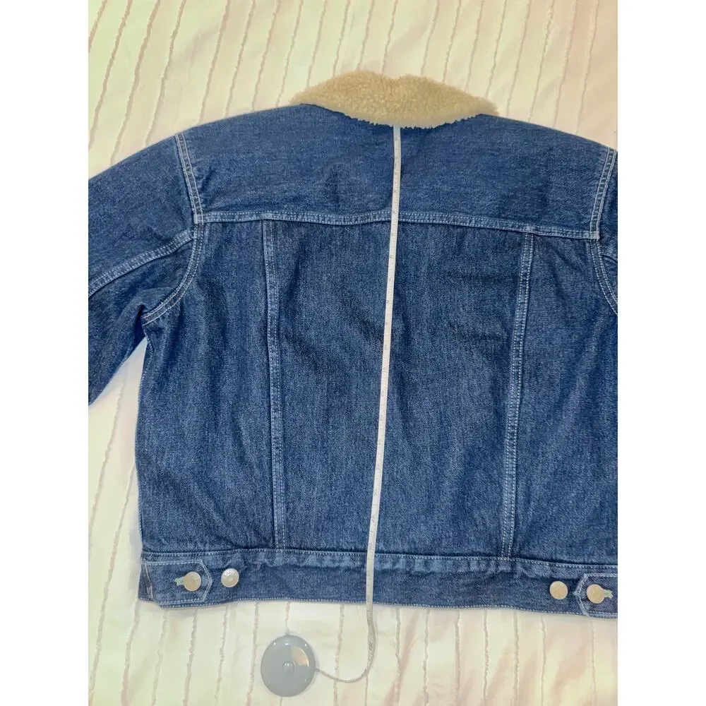 Madewell Cropped Sherpa Denim Trucker Jacket Medium Oversized Western Americana - Picture 11 of 16